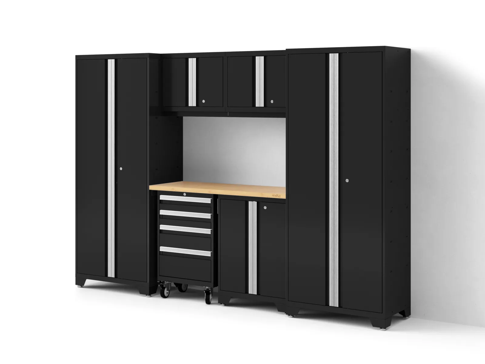 Black standard-depth seven-piece cabinet set with bamboo worktop