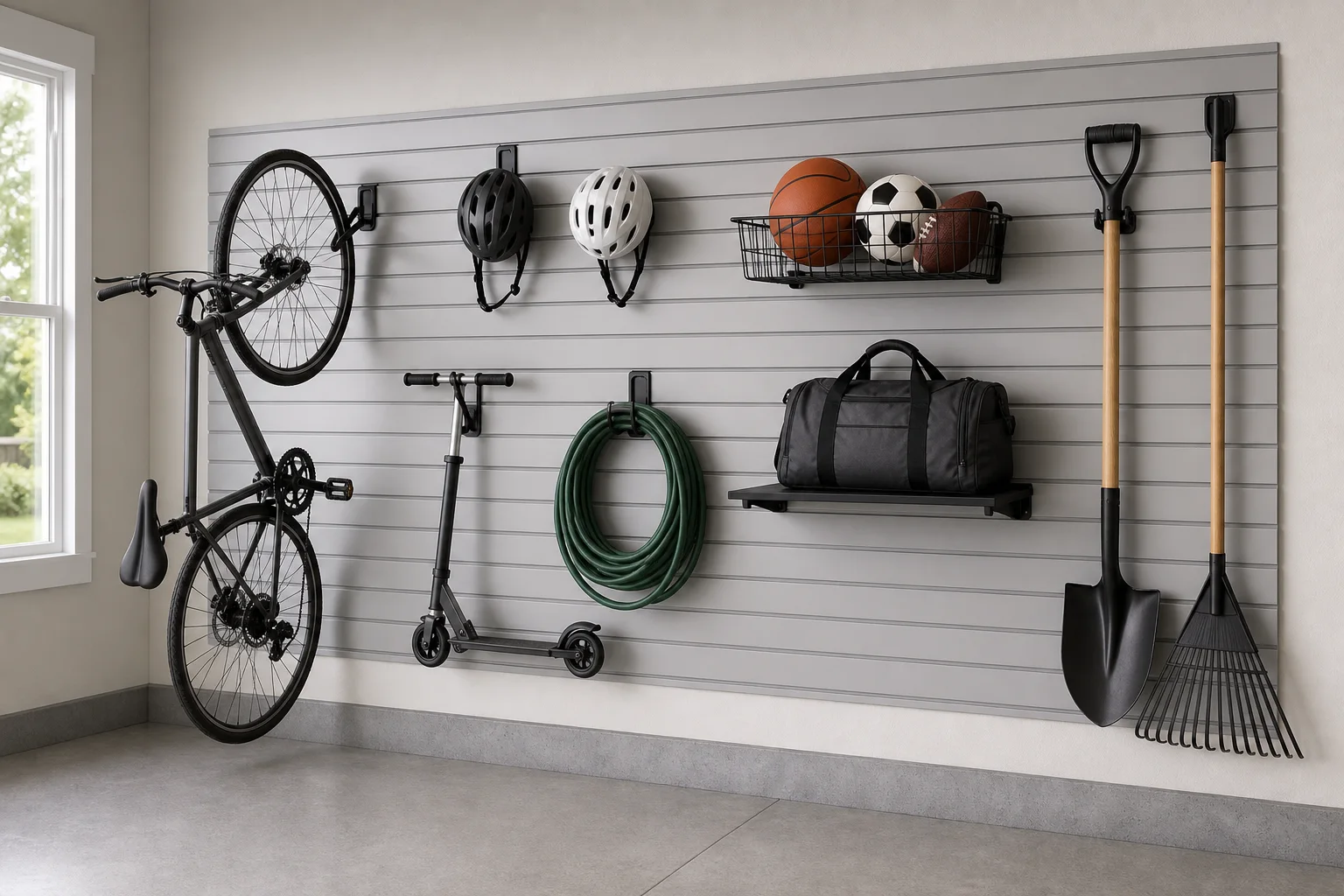 Unbranded full slatwall storage zone organized with tools, sports gear, bikes, and household equipment