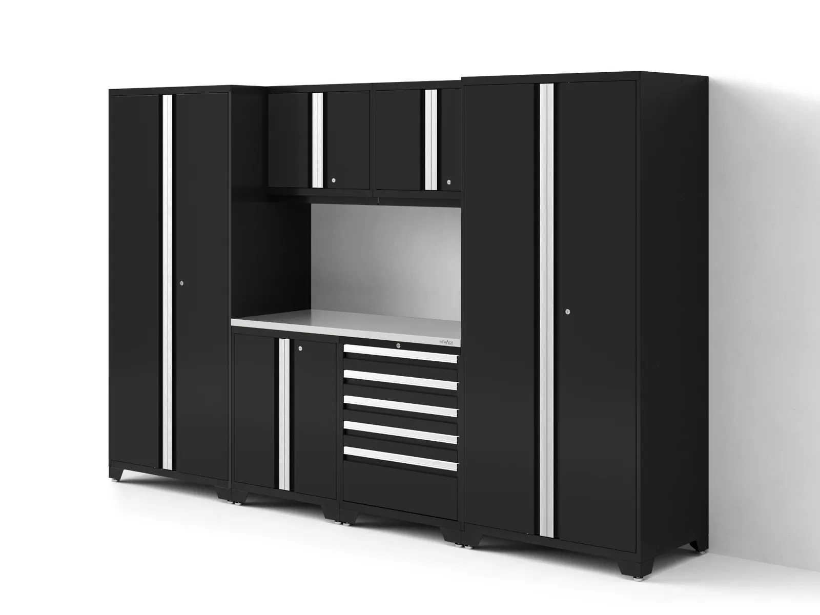 Black heavy-duty seven-piece workshop cabinet set with stainless-steel worktop