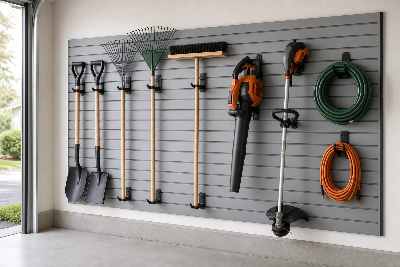 Unbranded slatwall fitted with adjustable hooks for shovels, rakes, yard tools, and a hose